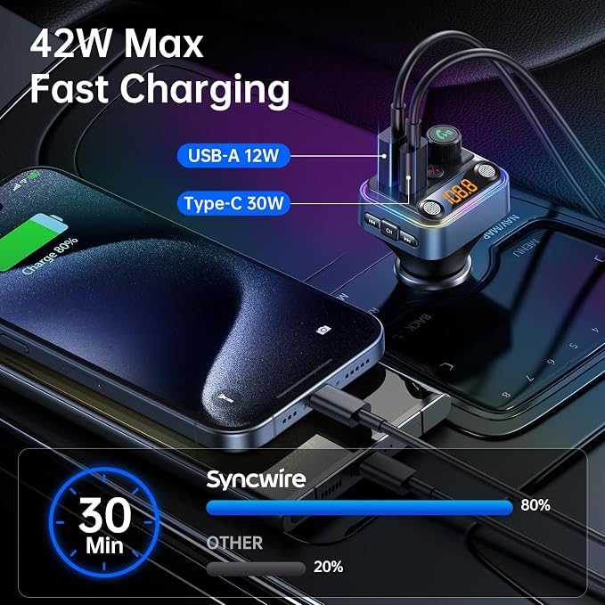 Syncwire Bluetooth 5.4 FM Transmitter Car Adapter 42W Wireless FM Radio Music - Image 3