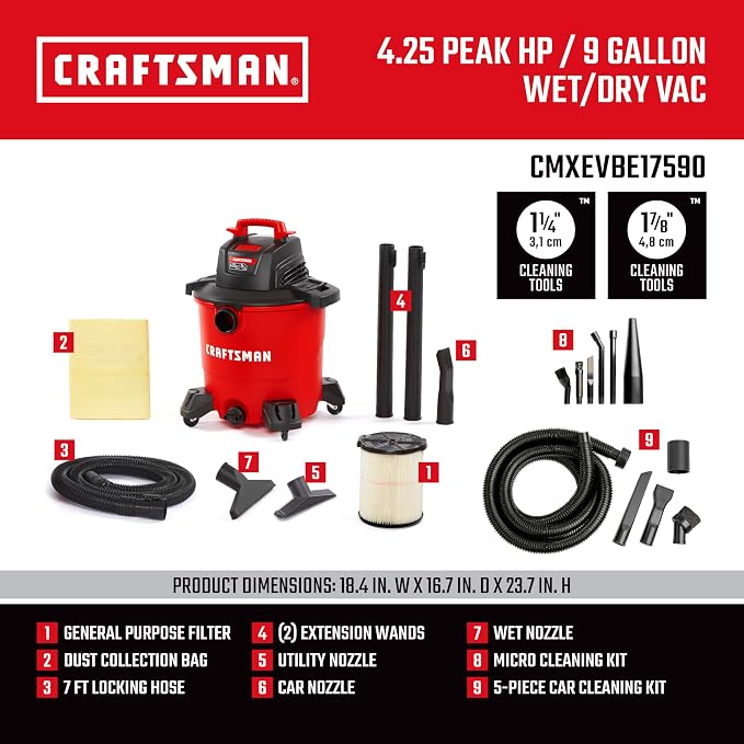CRAFTSMAN CMXEVBE17590 9 Gallon 4.25 Peak HP Wet Dry Vac, Portable Shop Vacuum - Image 5