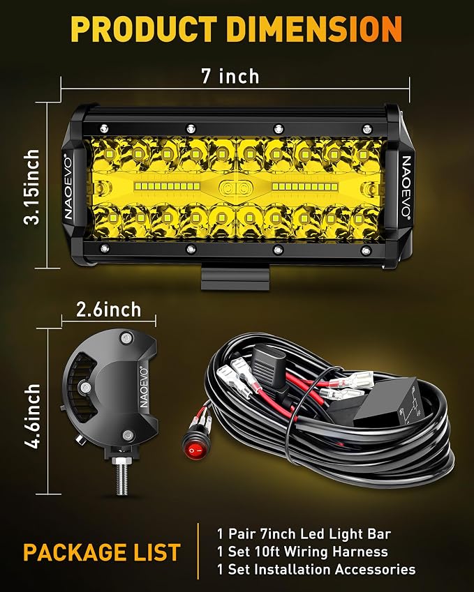 NAOEVO 7 Inch Yellow LED Light Bar, 240W 24, 000LM Offroad Fog/Driving Lights - Image 9