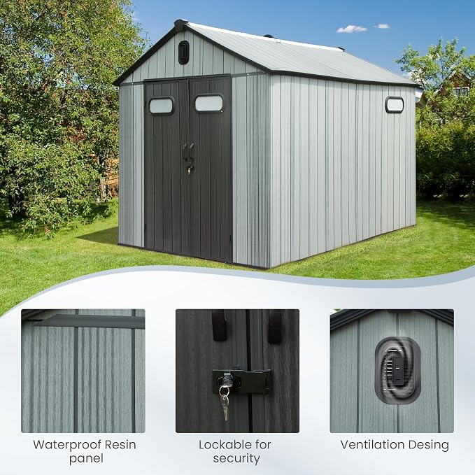 Domi 8x10 FT Outdoor Resin Storage Shed, All-Weather Double-Wall Garden Shed - Image 8