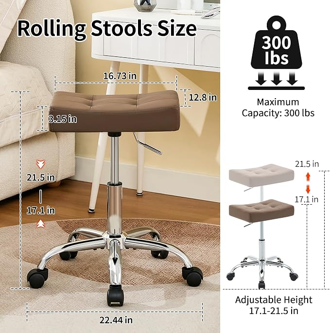 Vanity Stool with Wheels Faux Leather Nail Tattoo Vanity Massage Stool - Image 3