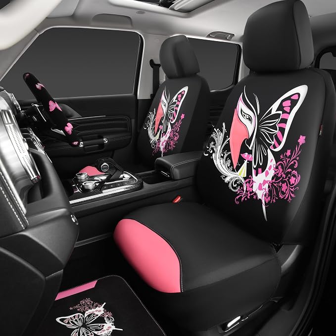 CAR PASS Pink Leather & Gaberdine Butterfly Car Seat Covers Full Set - Image 2