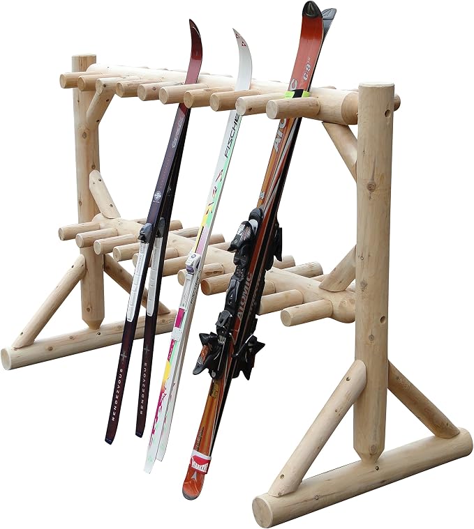 17-Pair Freestanding Skis + Snowboard Log Rack, Standing Shorter Ski Storage by LogKayakRack