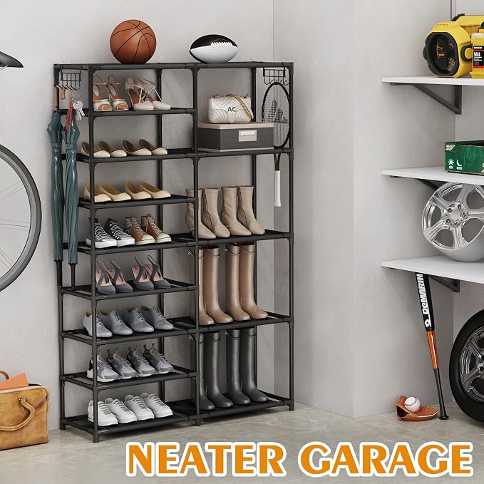 Tall Garage Shoe Rack Large Capacity, Two Rows Versatile Hooks Storage Boot - Image 4