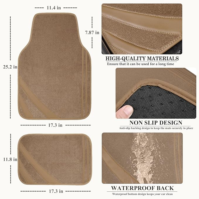 CAR PASS Beige Car Floor Mats, Edge Leather Waterproof Car Mats - Image 2