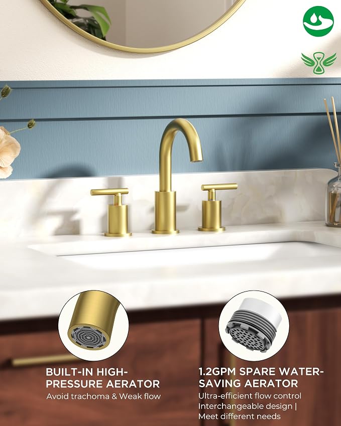 FORIOUS 8 Inch Widespread Brushed Gold Bathroom Faucet 3 Hole, 2 Handle Gold - Image 2