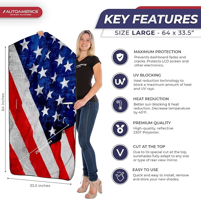 Autoamerics 1-Piece Windshield Sun Shade Grunge American Flag - Image 2