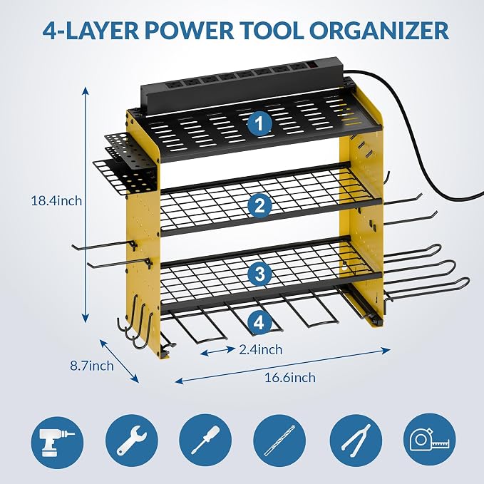 Power Tool Organizer with Charging Station, 4 Layers Garage Storage Rack with 6 - Image 2