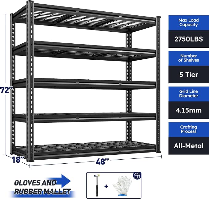 REIBII 48" W Garage Shelves, 5-Tier Garage Shelving Load 2750LBS, Adjustable - Image 2