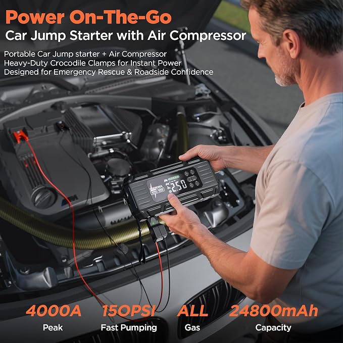 Jump Starter with Air Compressor: 4000A 150PSI Car Battery Charger - 65W Tire - Image 2