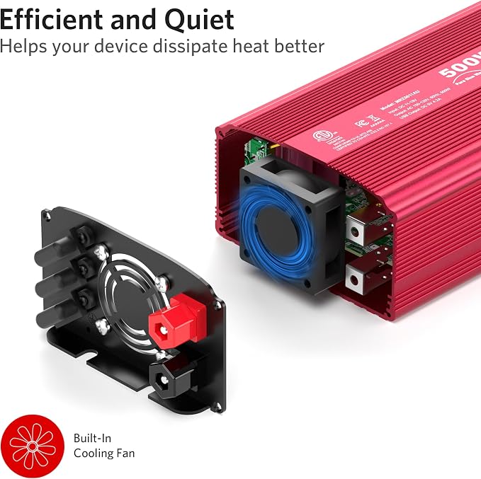 500W Pure Sine Wave Power Inverter, DC 12V to 110V AC Car Plug Inverter Adapter - Image 4