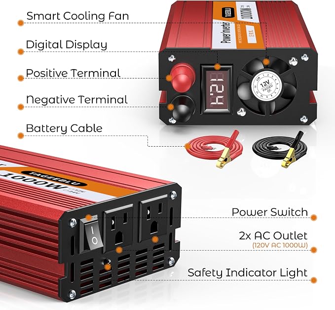 1000W Power Inverter, DC 12V to 110V AC Car Inverter - Image 7