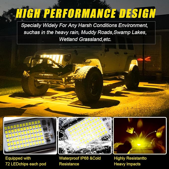 Nicoko 4Pods Pure Yellow 72 LEDs SMD Chips 72w High Power Rock Lights Super - Image 5