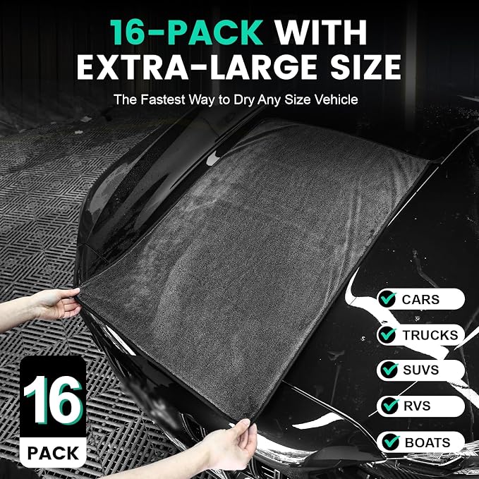 16-Pack Bulk Microfiber Towels for Cars, Super Absorbent Car Drying Towel - Image 2