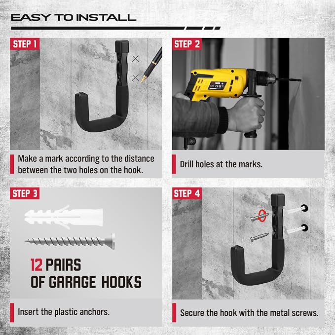 SEDY Heavy Duty Garage Storage Hooks: 4-Piece 6" & 3" Wall Mount J Utility - Image 7