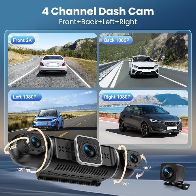 360°View 4 Channel Dash Cam, 2K+1080P Front and Rear Inside Left Right - Image 2