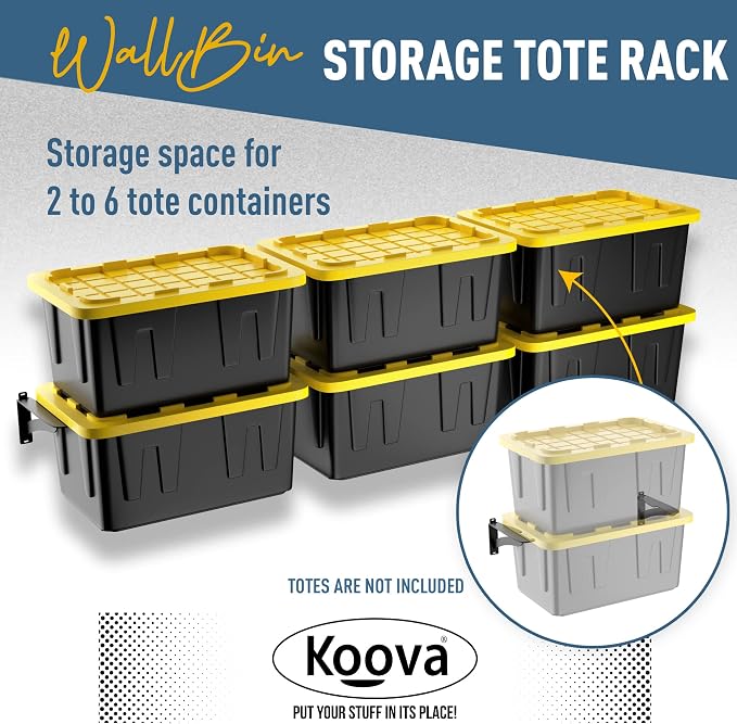 Koova Wall Mounted Tote Rack Storage System, Fits 27-Gallon Black and Yellow - Image 2