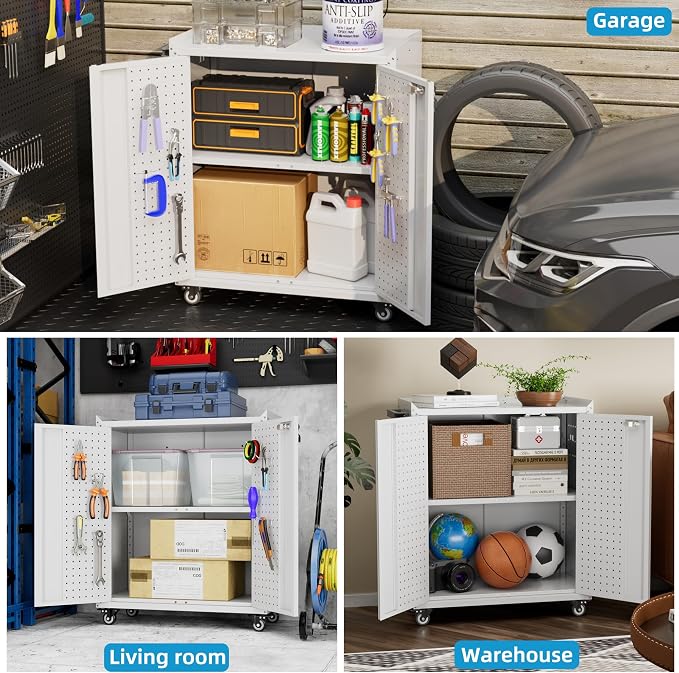 Garage Storage Cabinet with Wheels & Pegboard, 34.3" H Locking Metal Tool - Image 7
