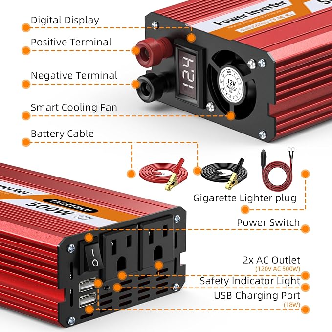 500W Power Inverter DC 12V to 110V/120V AC Car Inverter - Image 9