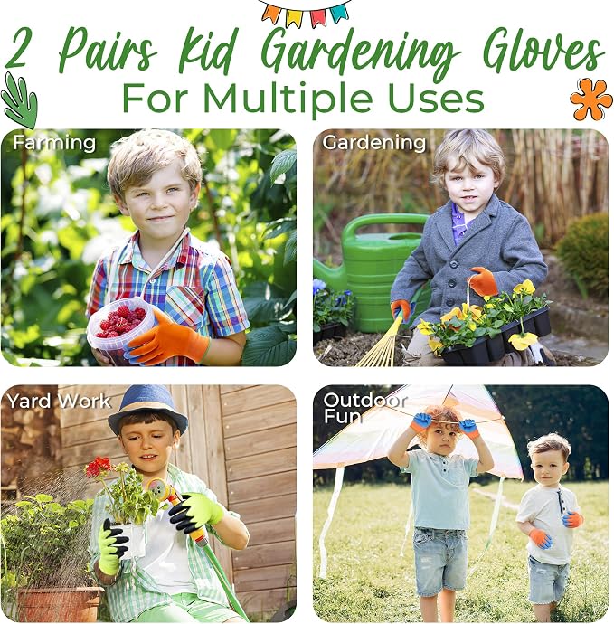 HANDLANDY 2 Pairs Kids Gardening Gripper Gloves, Foam Rubber Coated Children - Image 4