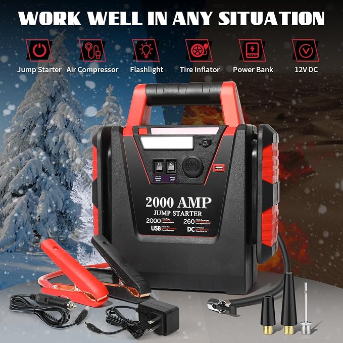2000A Jump Starter with Air Compressor, Car Battery Jumper Starter 260 PSI Tire - Image 8