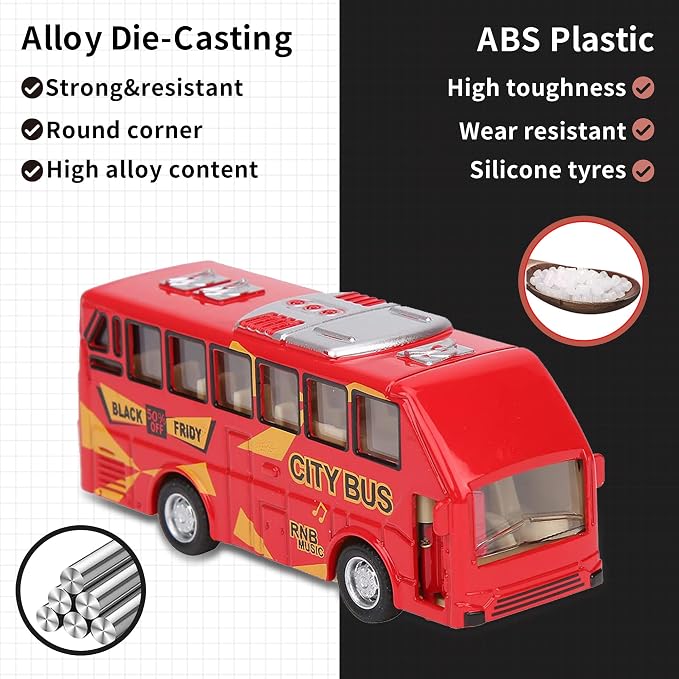KIDAMI Die Cast Metal Toy Cars Buses Set, 1:64 Scale Double Decker City Bus - Image 2