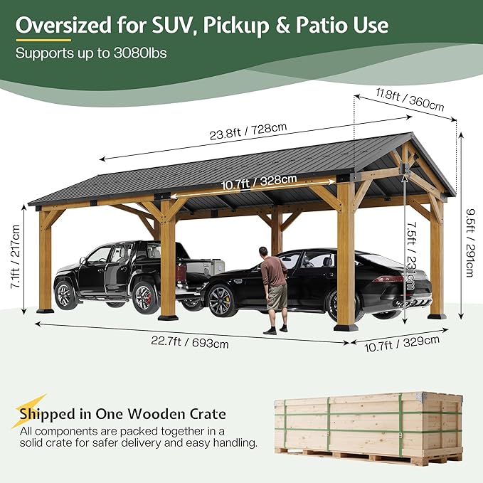 Jocisland 12x24 FT Cedar Wood Hardtop Carport - Image 2