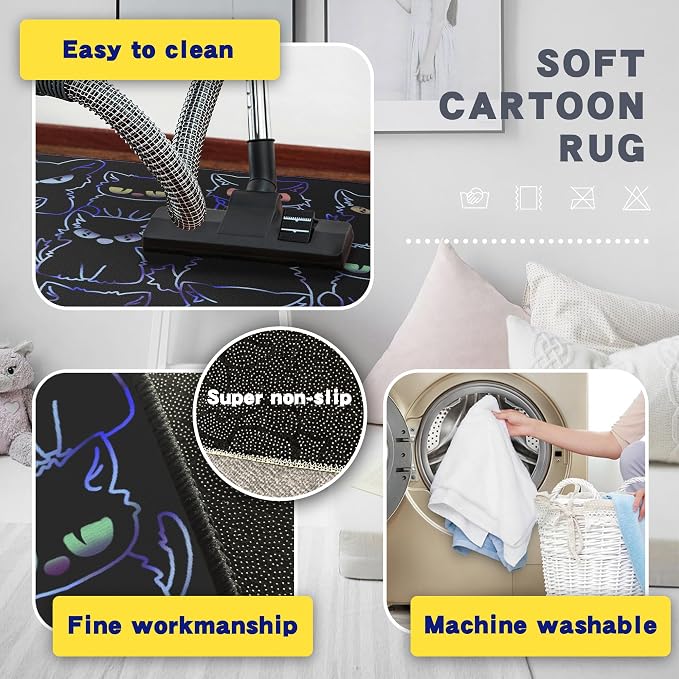 Black Play Cat Rug for Playroom for Boys Girls 59"x39" Funny Cute Cat Cartoon - Image 6