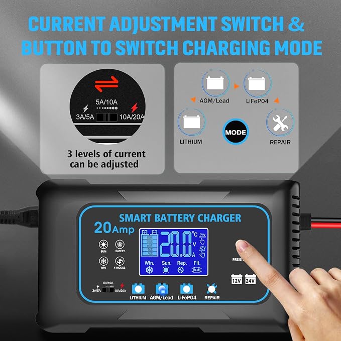 20-AMP Car Battery Charger, 12V 20A and 24V 10A Smart Automotive Charger - Image 2
