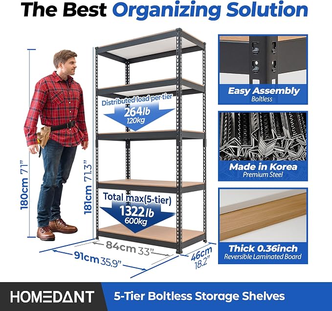 HOMEDANT 5 Tier Laminated Boltless Metal Shelving Unit Adjustable Garage - Image 2