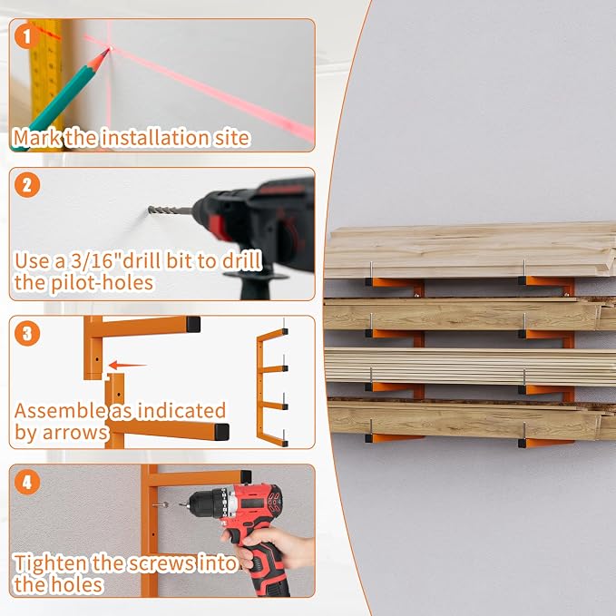 4-Pack Lumber Storage Rack, Wood Storage Racks Wall Mount, Heavy Duty Garage - Image 7