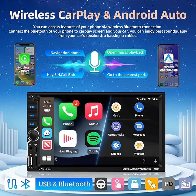 Podofo Wireless Carplay Car Stereo, 7 Inch Double Din Touchscreen Car Radio - Image 2