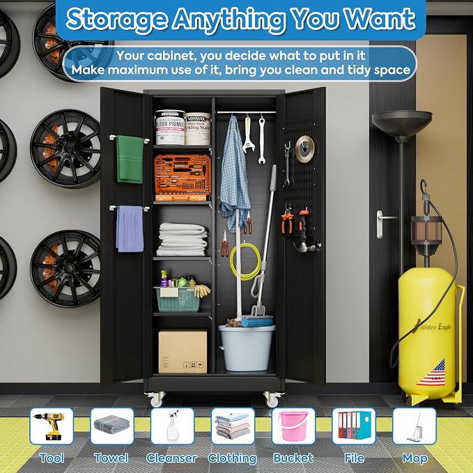 Garage Storage Cabinet with Wheels and 5 Pegboard, Broom Closet Storage Cabinet - Image 5
