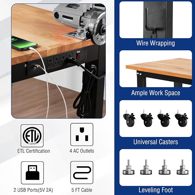 WORKPRO Garage Workbench, Rubber Wood Top Work Desk - Image 2