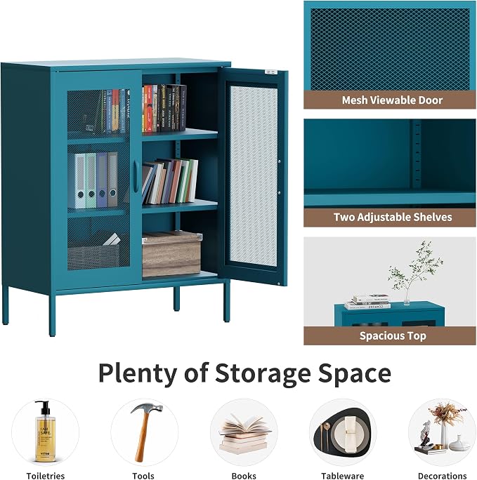 Metal Storage Cabinet with Mesh Doors, Steel Display Cabinet with Adjustable - Image 5