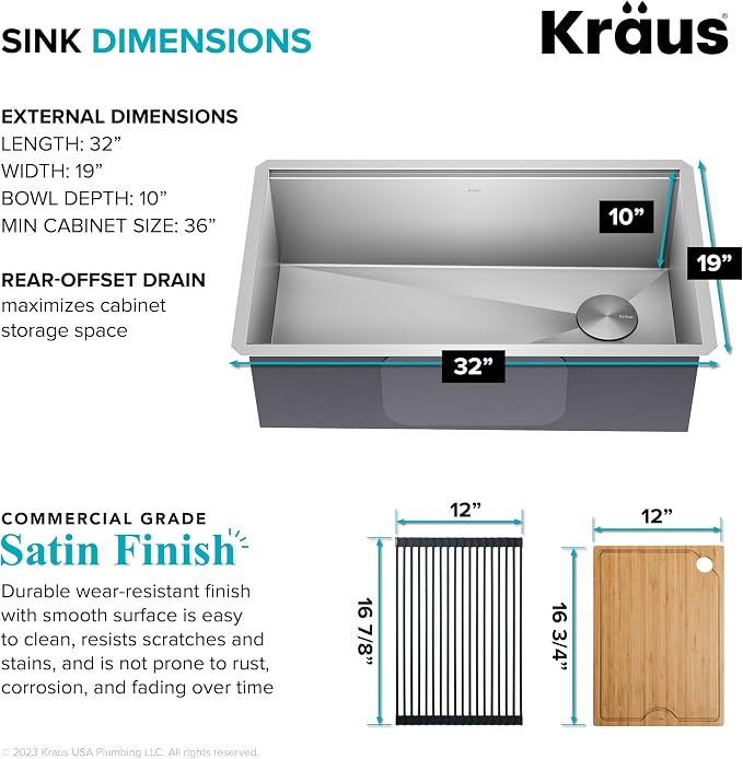KRAUS Kore 32-Inch Undermount Workstation 16 Gauge Single Bowl Stainless Steel - Image 4