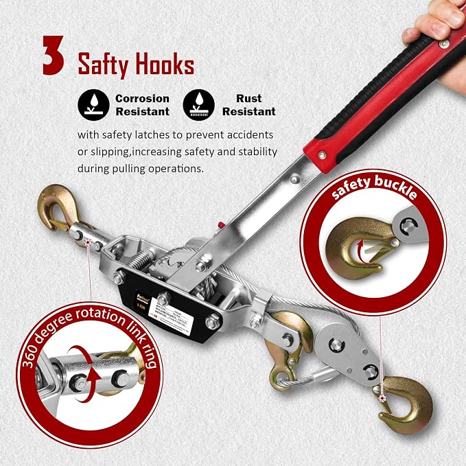 Come Along Winch 5T Pulling Capacity 11.5FT Steel Cable 3 Hooks Heavy Duty - Image 3
