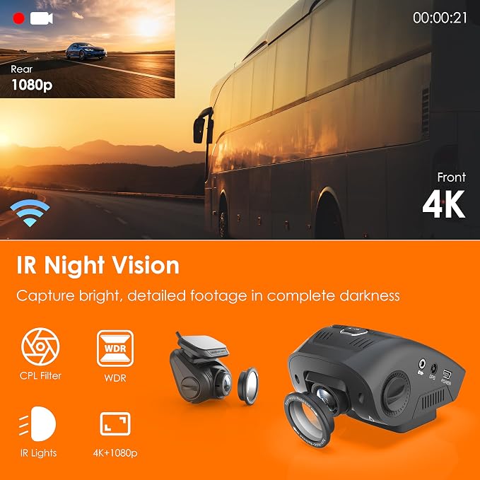 V1P SE 4K Dual Dash Cam w/GPS, Wi-Fi & 2pcs-CPL Filter | 512GB Support | Front - Image 3