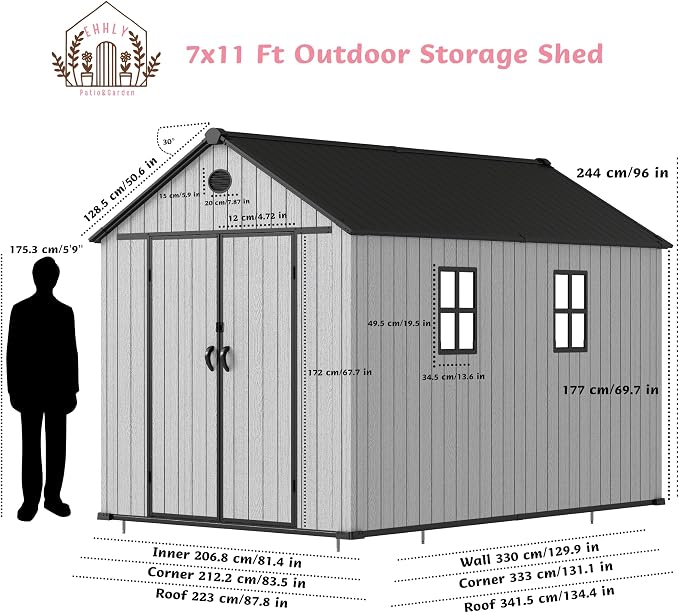 7.3x11.2 FT Resin Outdoor Storage Shed Large, 566 Cuft Garden Tool Sheds & - Image 4