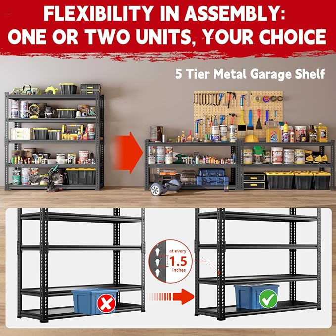 48" Wide Garage Shelving Heavy Duty 3000LBS, 5 Tier Adjustable Storage Rack - Image 7