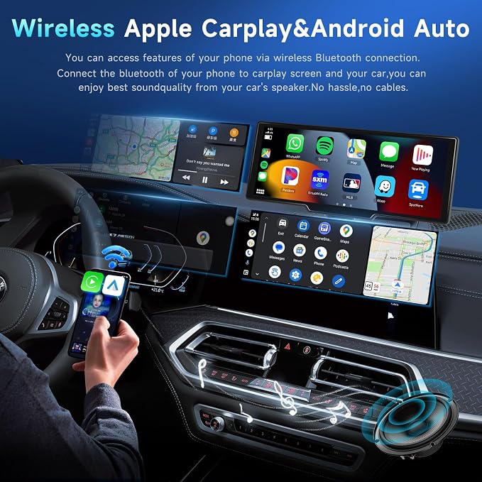 Podofo 10.26" Touchscreen Wireless Carplay Portable Car Stereo Android Auto - Image 2