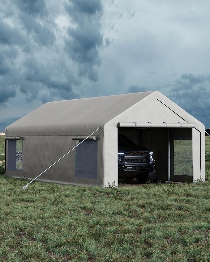 13x25 Ft Carport with 10 Sandbags, Car Port with 220g PE Tarp, 2 Roll-Up Doors by GarveeLife