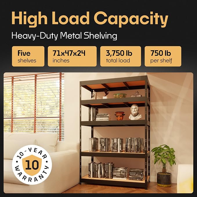 Storage Shelves: 5 Storage Shelves Heavy Duty w/ 3, 750 lb Total Load Capacity - Image 3