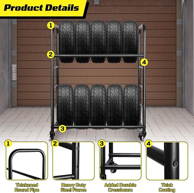 Tire Rack, Rolling Tire Rack 218KG/480LBS Capacity, 2 Storage Shelf & 4 Swivel - Image 4