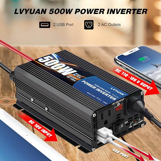 LVYUAN 500 Watt Pure Sine Wave Power Inverter 12V to 110V/120V DC to AC - Image 4