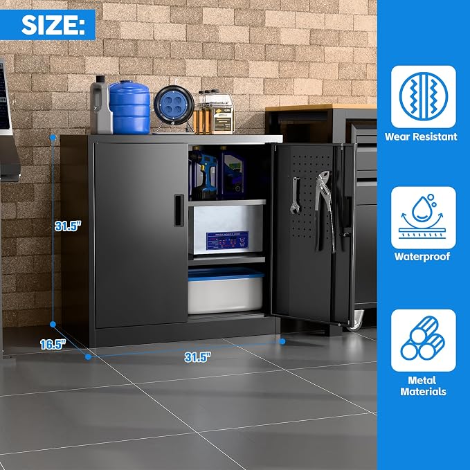 Metal Storage Cabinet with Pegboard 31.5”H×31.5”W×16.5”D, Lockable Rolling - Image 2