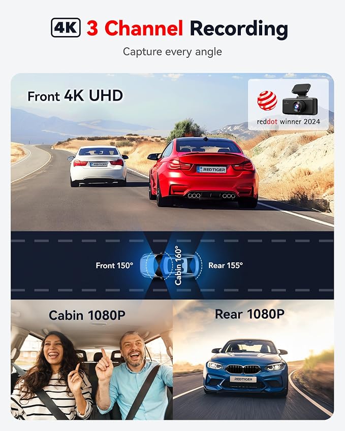REDTIGER F17 4K 3 Channel Dash Cam, 5GHz WiFi Built-in GPS - Image 2