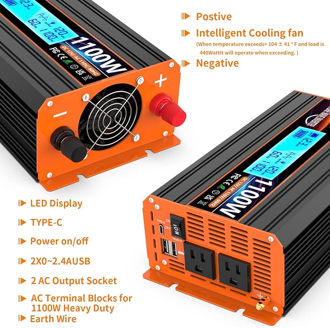 1100 Watt Pure Sine Wave Power Inverter 12V DC to 110V 120V Converter - Image 6