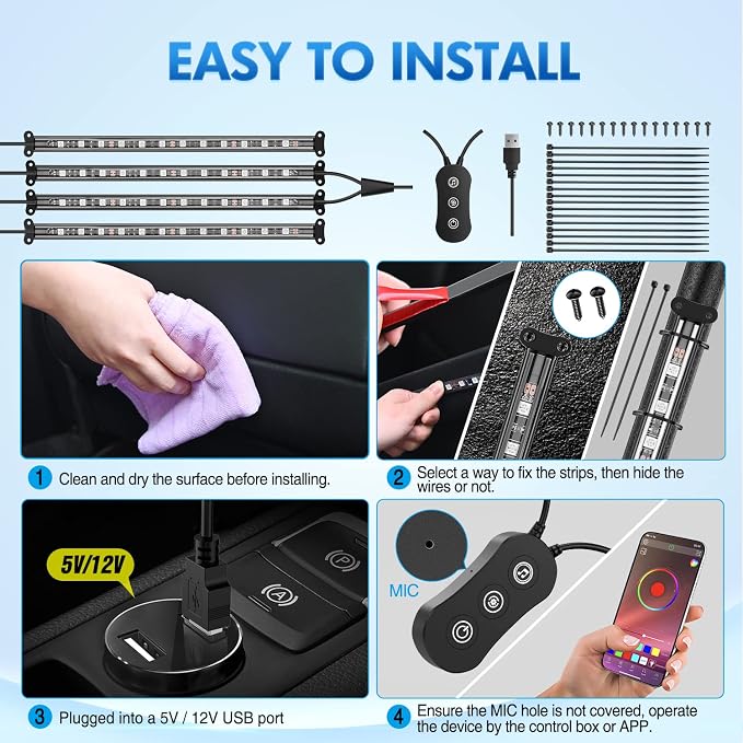 Nilight 4PCS USB Interior Car Lights 48 LEDs RGB LED Strips Lights - Image 5