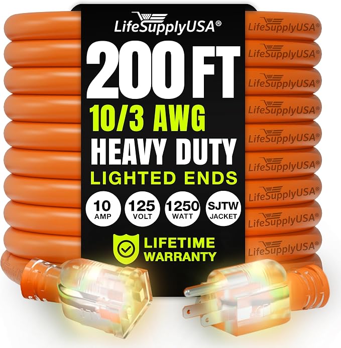 200ft Outdoor/Indoor Extension Cord 10/3 Gauge Ultra Heavy Duty 3 Prong SJTW by LifeSupplyUSA